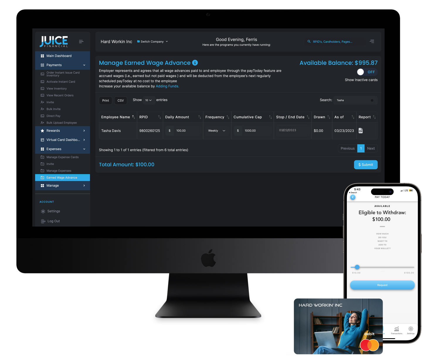 Computer screen, phone, and credit card with Juice Solutions Earned Wage Advance